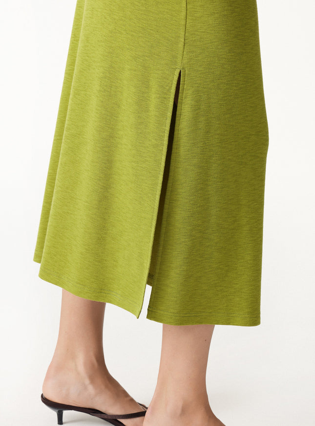 2Pcs Set Round Neck Elbow Sleeve Built-In Bra Top & Side-Slit A-Line Midi Skirt