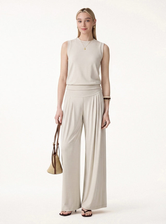 2Pcs Set Crew Neck Top & Flowy Tucked Palazzo Pant with Pockets