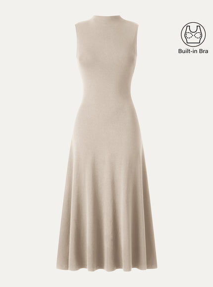 Mock Neck Sleeveless A-Line Midi Built-In Bra Dress