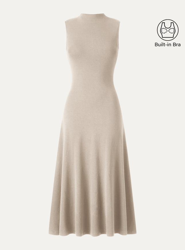 Mock Neck Sleeveless A-Line Midi Built-In Bra Dress