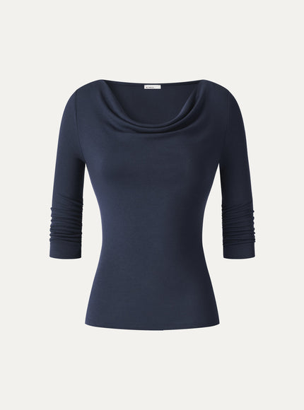 Lyocell-Wool Cowl Neck 3/4 Sleeve Ruched Cuff Top