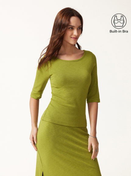 Round Neck Elbow Sleeve Built-In Bra Top