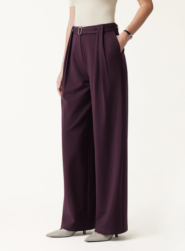 Stretch Ponte High-Rise Belted Wide-Leg Pants with Pockets