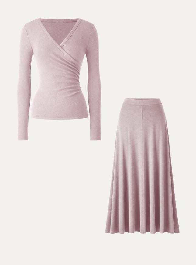 2Pcs Set Surplice Ruched Top & Blend Mid-Rise Umbrella Maxi Skirt