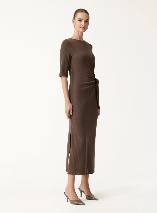 Slub Ribbed Round Neck Elbow Sleeve Tie-Waist Midi Dress