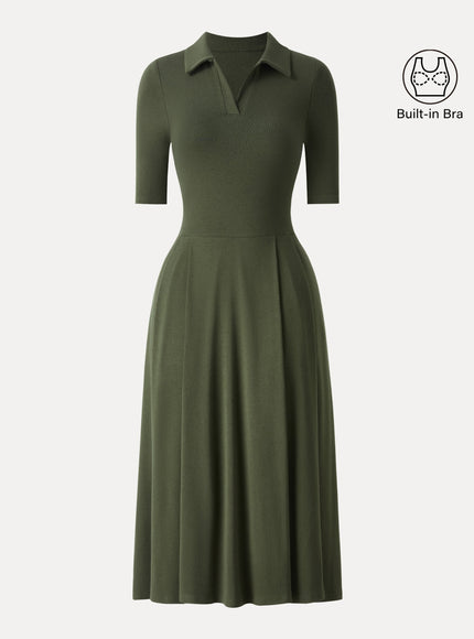 Polo Neck Elbow Length Sleeve Midi Built-In Bra Dress with Pockets