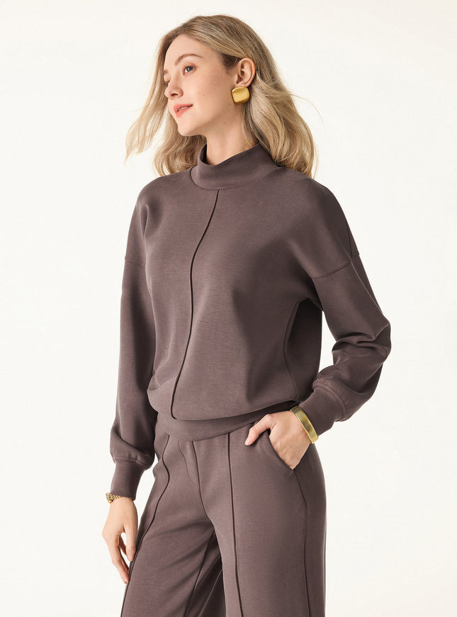 2Pcs Set Mockneck Pullover Shirt & Mid Rise Straight Leg Pants with Pockets