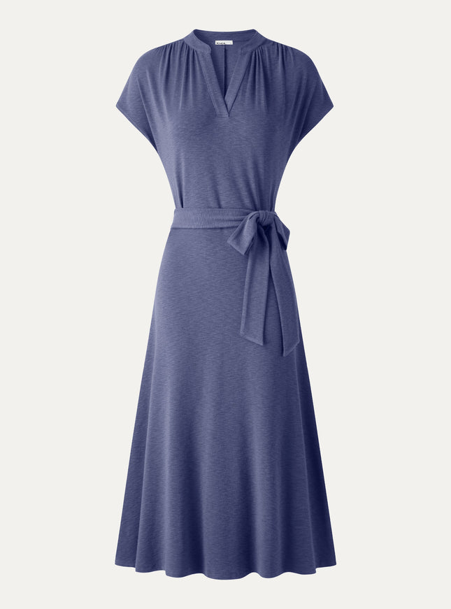 Neck Short Sleeve Belted Midi Dress