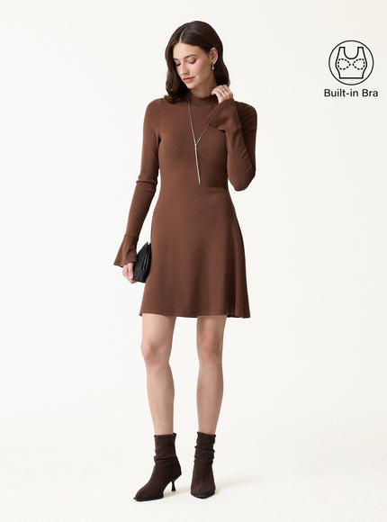 Mock Neck Flared Long Sleeve A-Line Mini Built-In Bra Dress