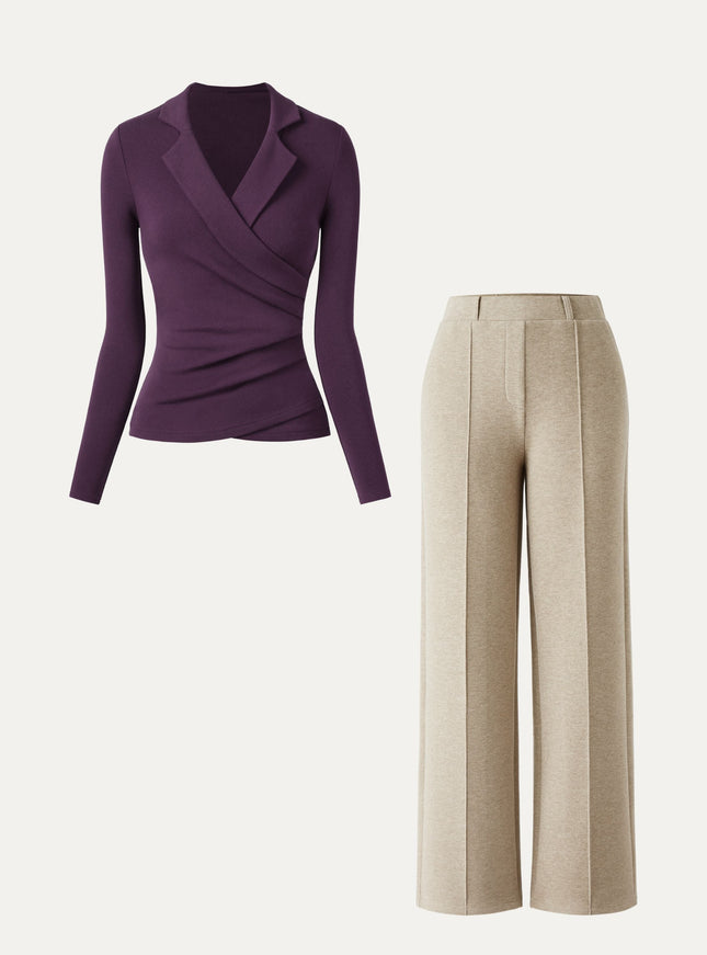 2Pcs Set Collared Surplice Top & High Waisted Straight Leg Pull On Pant