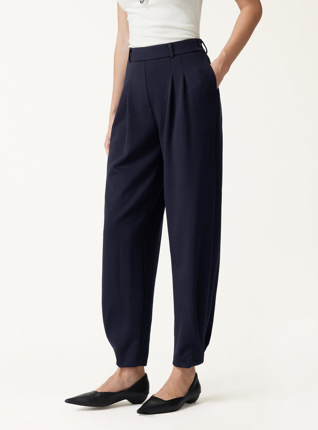Stretch Ponte High-Rise Ankle Tapered Tuck Pants with Pockets
