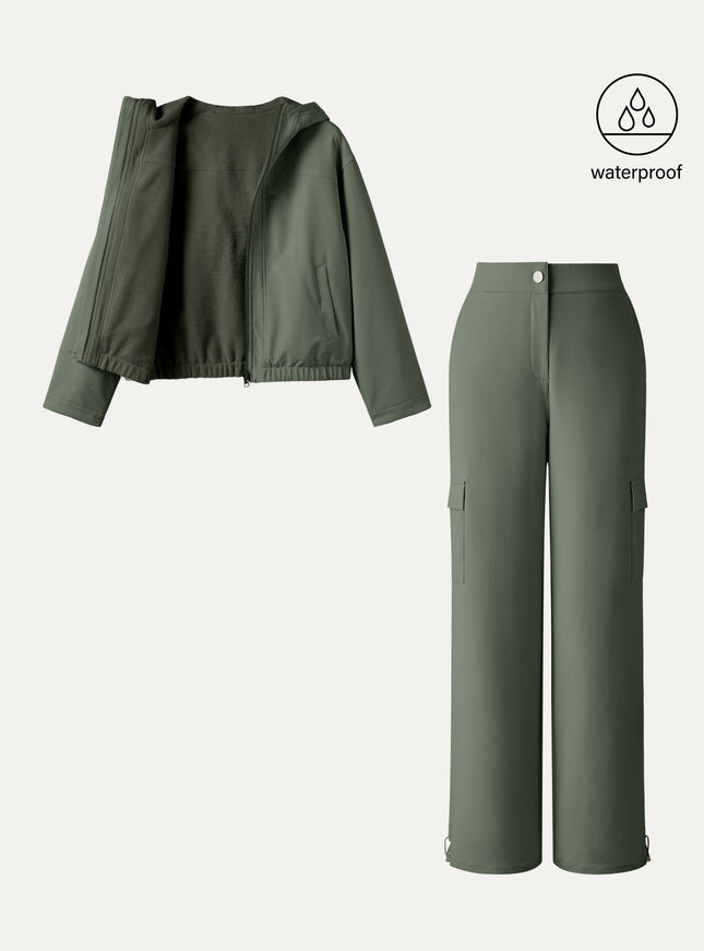 2Pcs Set Fleece Reversable Hooded Jacket & Fleece Lined Cargo Pant