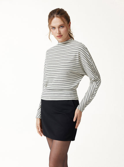 Stripe Mock Neck Batwing Sleeve Top