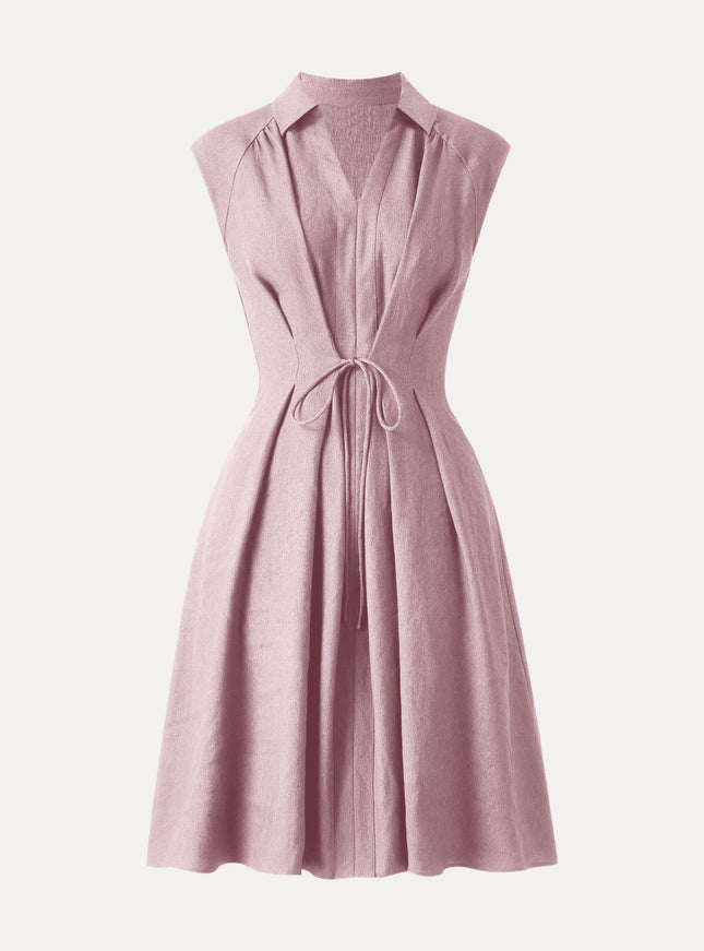 Viscose-Linen Collared V-neck Midi Dress with Drawstring