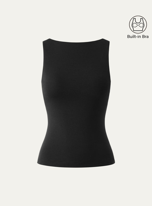 Stretch Cotton Boatneck Built-In Bra Tank