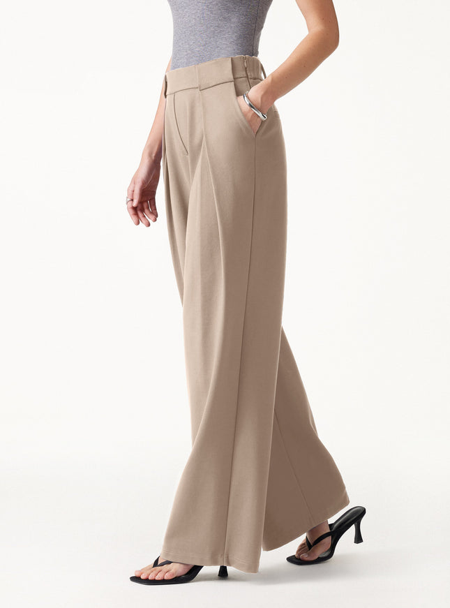 Ponte Mid-Rise Wide-Leg Tuck Pants with Pockets